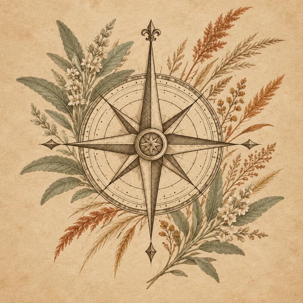 Illustration of an antique compass rose surrounded by white sage and native grasses on aged parchment, marking Columbus Day and Indigenous Peoples' Day