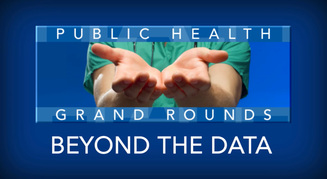 CDC Public Health Grand Rounds title card reading Beyond the Data, over a health care provider's open hands, in a still from Beyond the Blood Spot: Newborn Screening for Hearing Loss and Critical Congenital Heart Disease