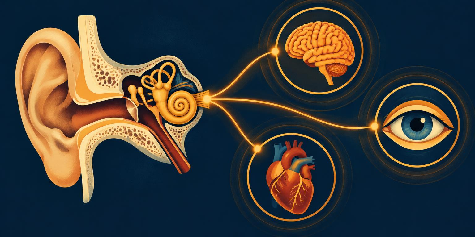 Illustration of the inner ear linked to the brain, heart and eyes