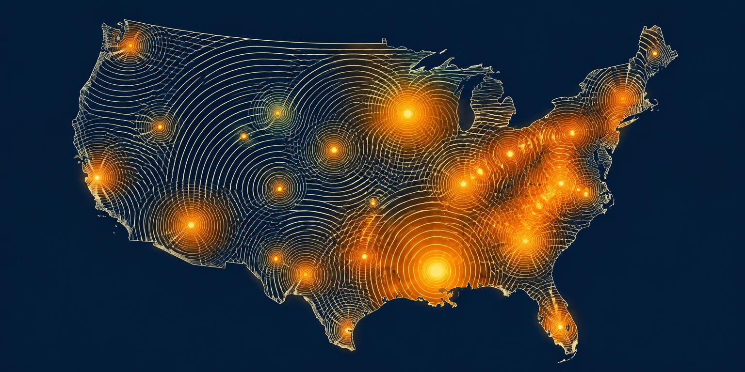 Illustrated map of the United States with glowing sound-wave clusters