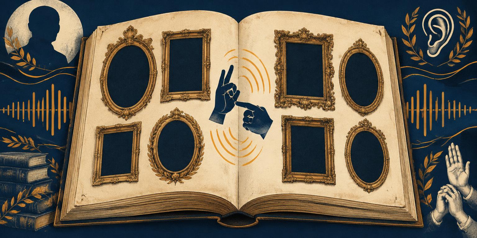 Illustration of an open book of portrait frames with sign-language hands
